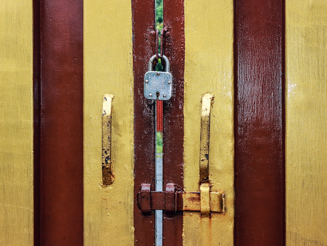 A close up of a door handle on a wooden door